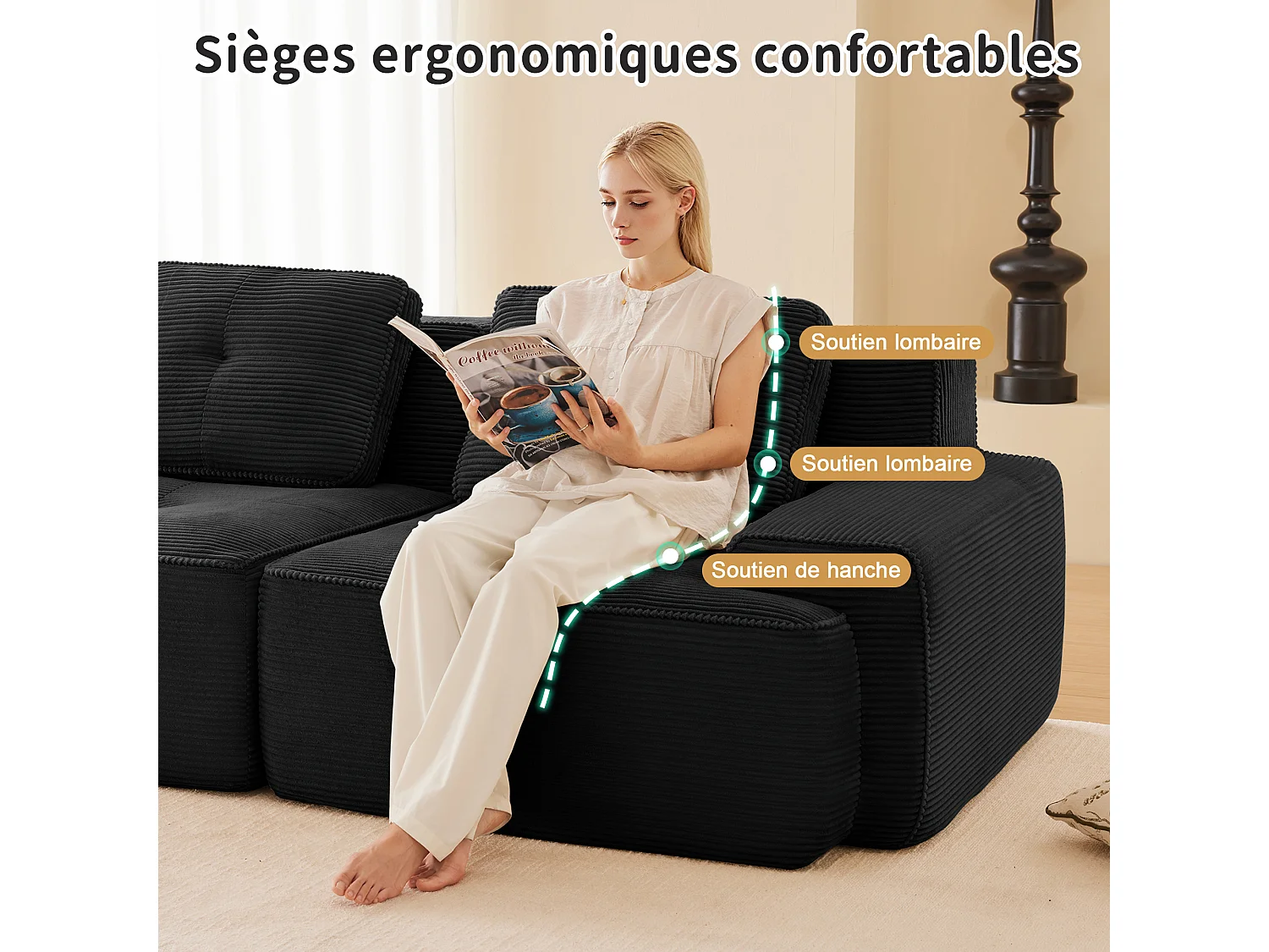 Divano 3 posti Angolare Modulare in Velluto costola, con pouf e 3 cuscini, 293x177x69cm, Nero