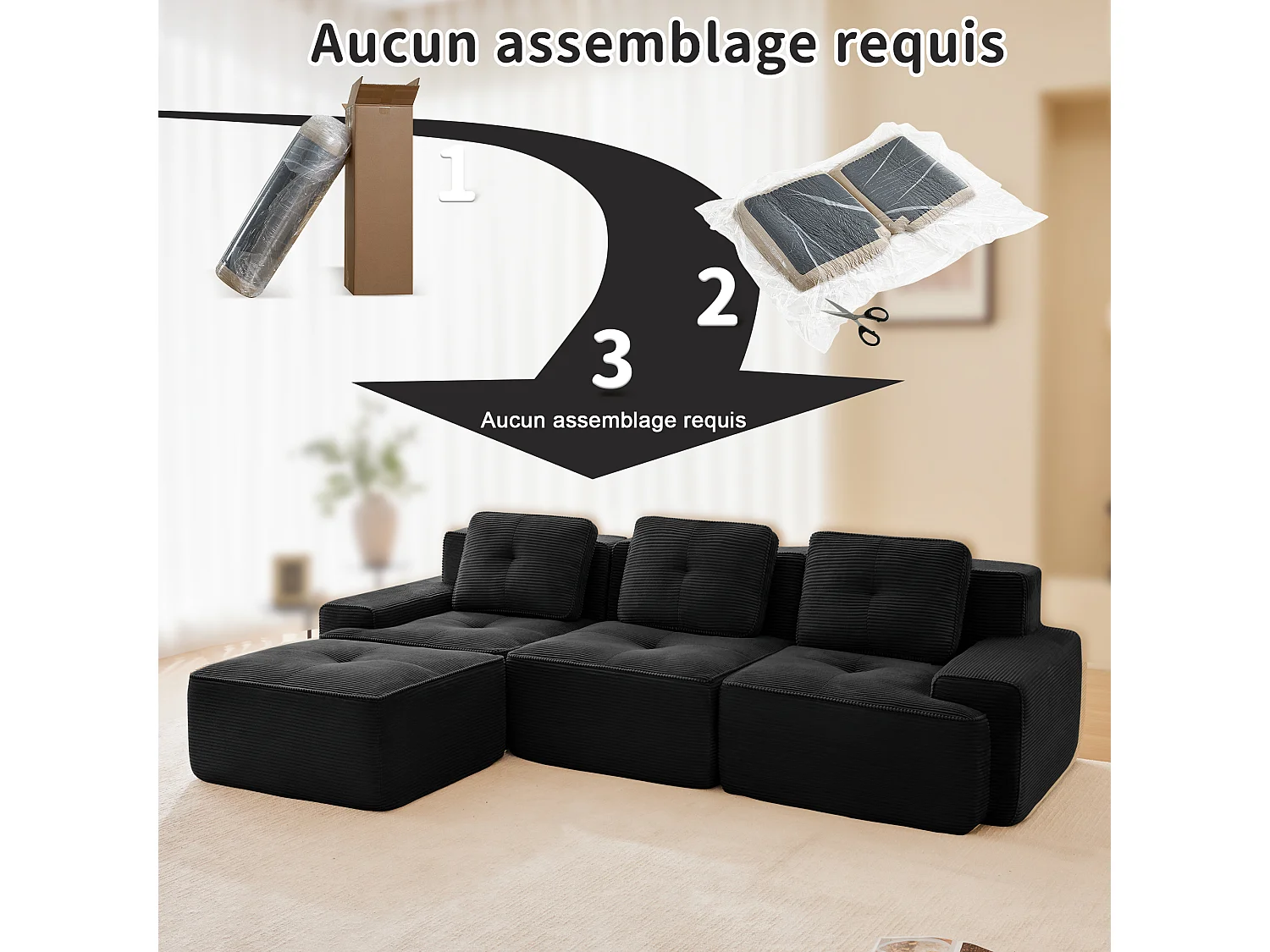 Divano 3 posti Angolare Modulare in Velluto costola, con pouf e 3 cuscini, 293x177x69cm, Nero