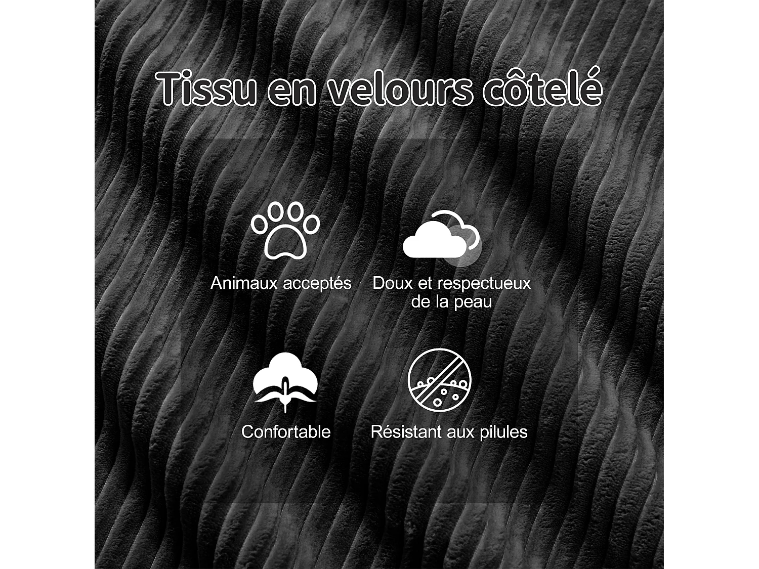 Divano 3 posti Angolare Modulare in Velluto costola, con pouf e 3 cuscini, 293x177x69cm, Nero