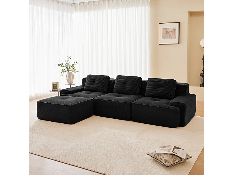 Canapé 3 places d'angle Modulable en Velours côtelé, avec pouf et 3 coussins, 293x177x69cm, Noir