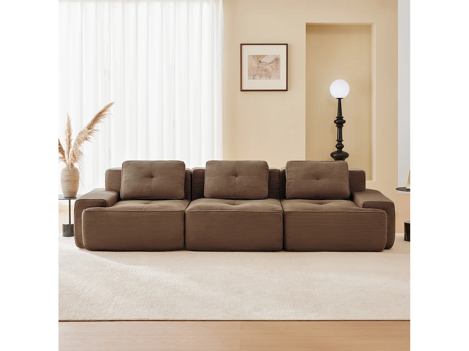 Divano Modulare 3 posti in Velluto costola, con 3 cuscini, seduta extra profonda 74cm, 293x104x69cm, Marrone