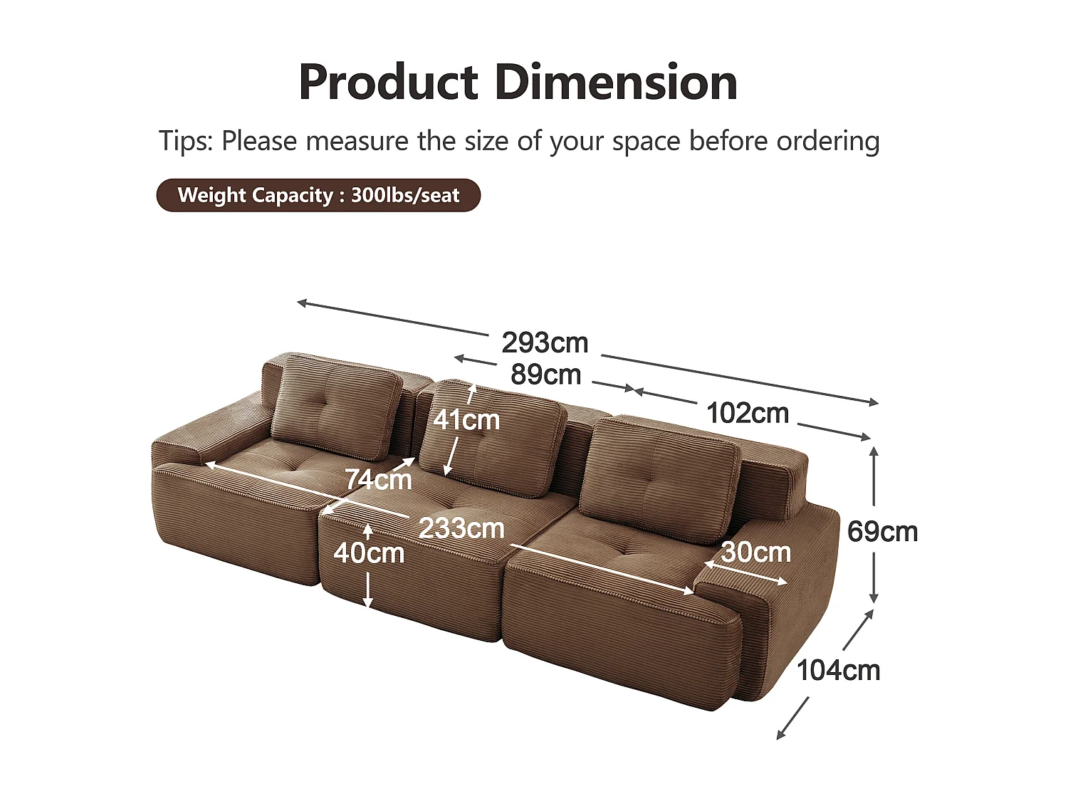 Divano Modulare 3 posti in Velluto costola, con 3 cuscini, seduta extra profonda 74cm, 293x104x69cm, Marrone