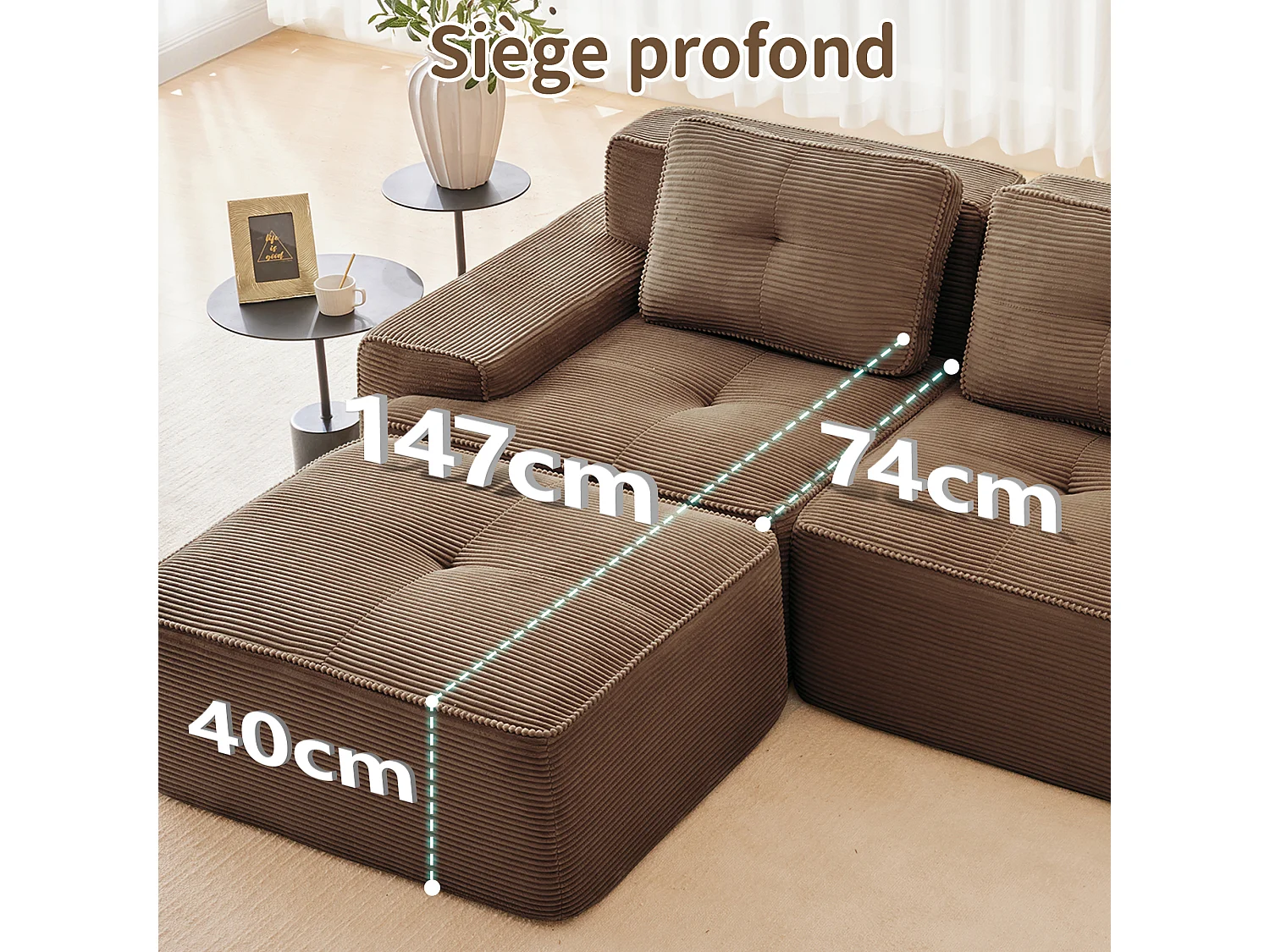 Divano Modulare 3 posti in Velluto costola, con 3 cuscini, seduta extra profonda 74cm, 293x104x69cm, Marrone