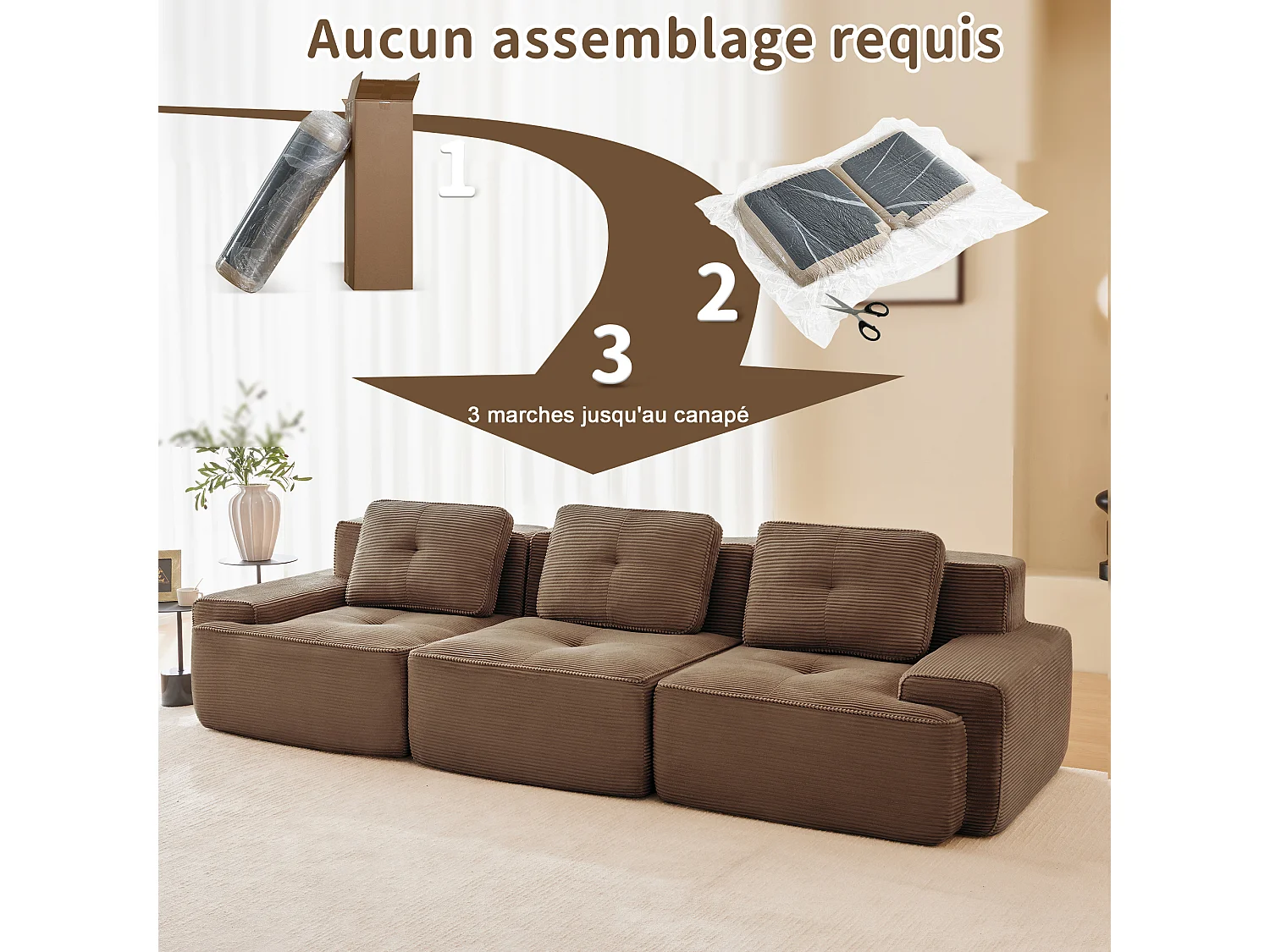 Divano Modulare 3 posti in Velluto costola, con 3 cuscini, seduta extra profonda 74cm, 293x104x69cm, Marrone