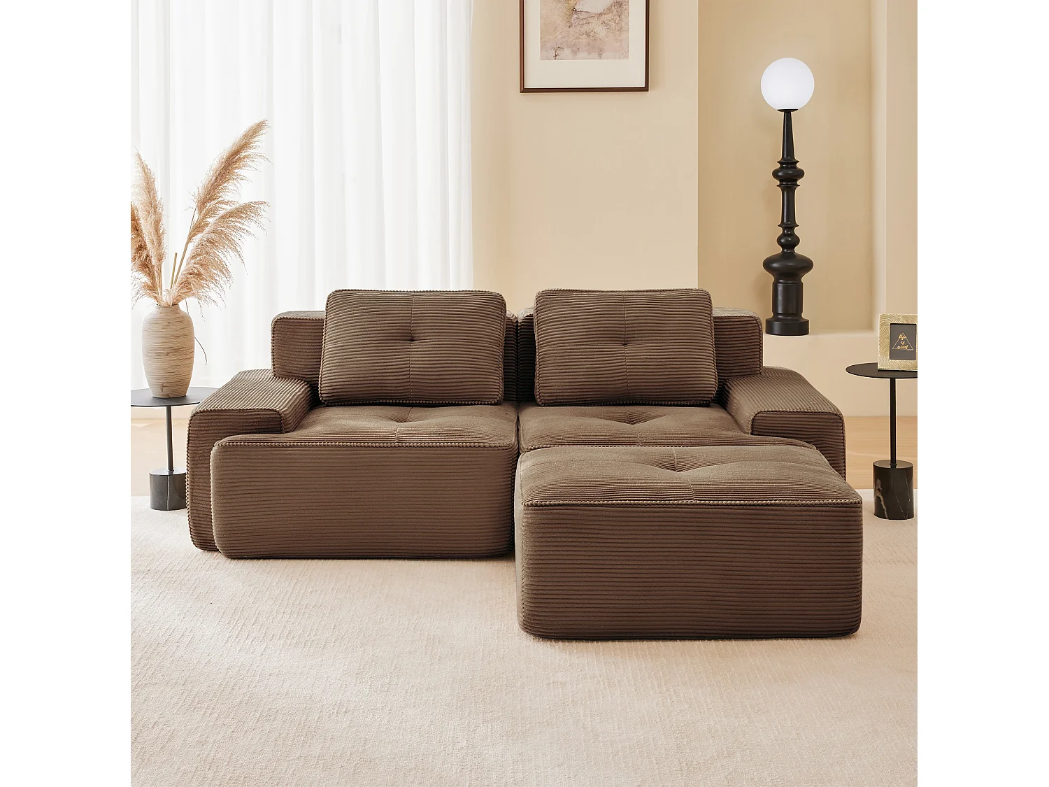 Modulaire Bank 2-zits in Ribfluweel, met poef en 2 kussens, 204x177x69cm, Bruin