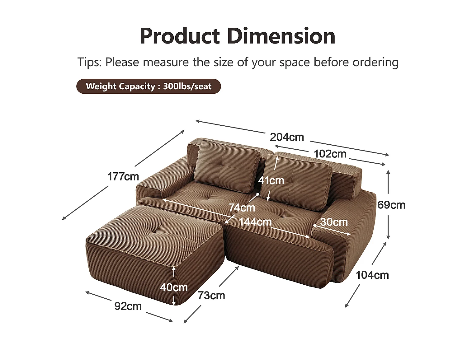 Modulaire Bank 2-zits in Ribfluweel, met poef en 2 kussens, 204x177x69cm, Bruin