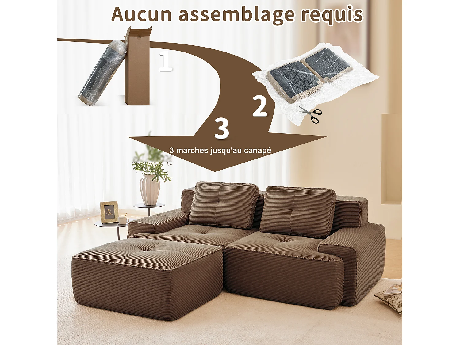 Modulaire Bank 2-zits in Ribfluweel, met poef en 2 kussens, 204x177x69cm, Bruin