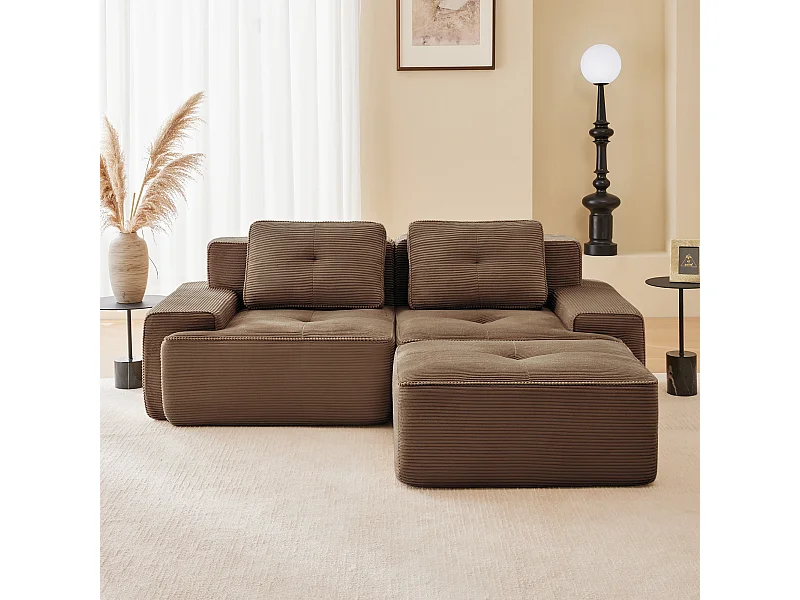 Canapé Modulable 2 placse en Velours côtelé, avec pouf et 2 coussins, 204x177x69cm, Marron