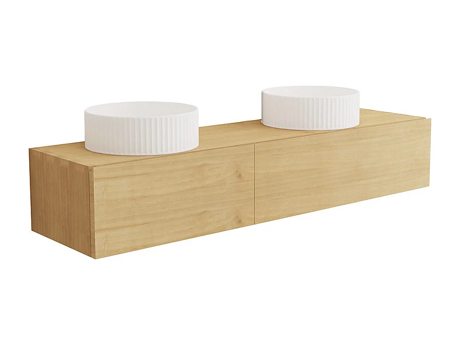 Mobile bagno sospeso in legno di mindi con doppio lavabo da appoggio in ceramica scanalato 150 cm - TIDORE