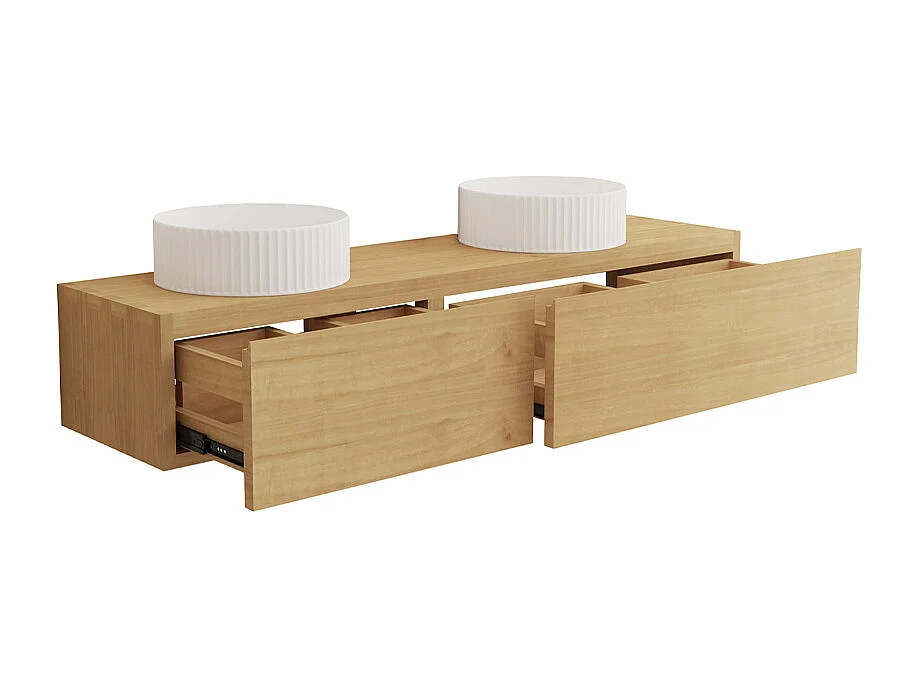 Mobile bagno sospeso in legno di mindi con doppio lavabo da appoggio in ceramica scanalato 150 cm - TIDORE