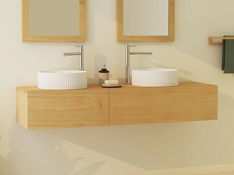 Mobile bagno sospeso in legno di mindi con doppio lavabo da appoggio in ceramica scanalato 150 cm - TIDORE