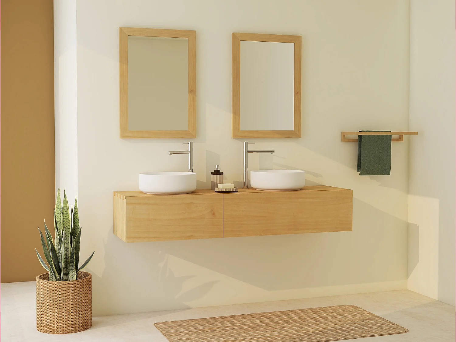 Meuble de salle de bain suspendu en bois de mindi avec double vasque à poser ronde en céramique- 150 cm - TIDORE