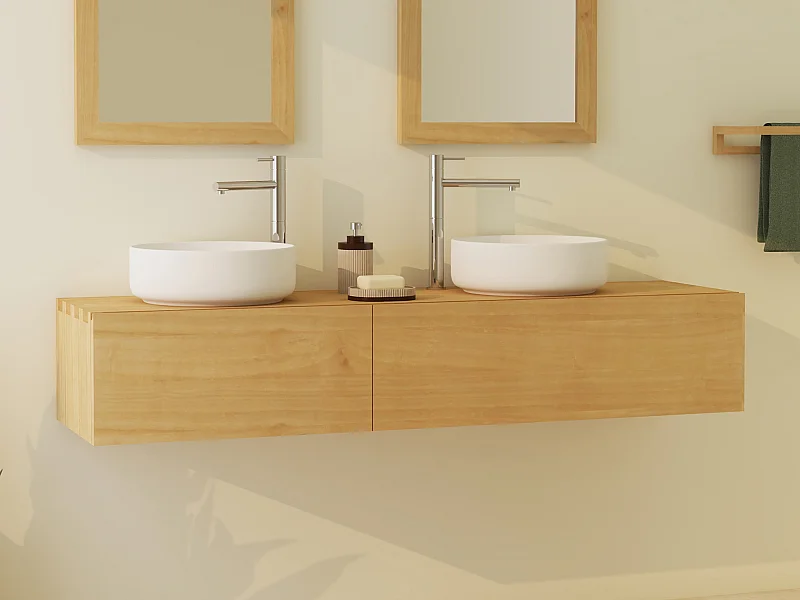 Meuble de salle de bain suspendu en bois de mindi avec double vasque à poser ronde en céramique- 150 cm - TIDORE