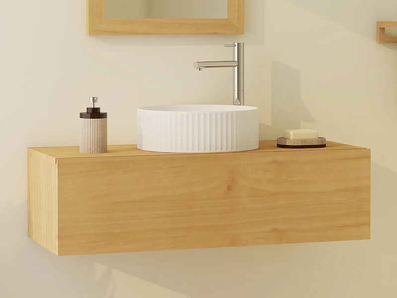Meuble de salle de bain suspendu en bois de mindi avec vasque à poser striée en céramique - 95 cm - TIDORE