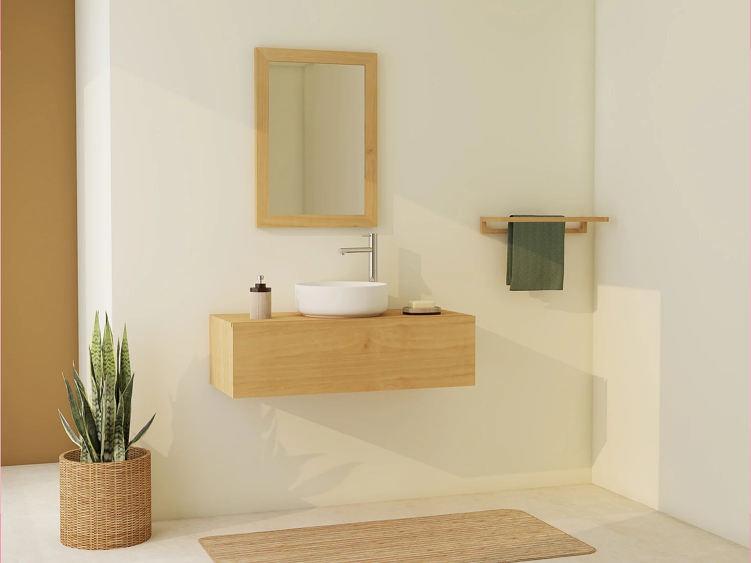 Meuble de salle de bain suspendu en bois de mindi avec vasque à poser ronde en céramique - 95 cm - TIDORE