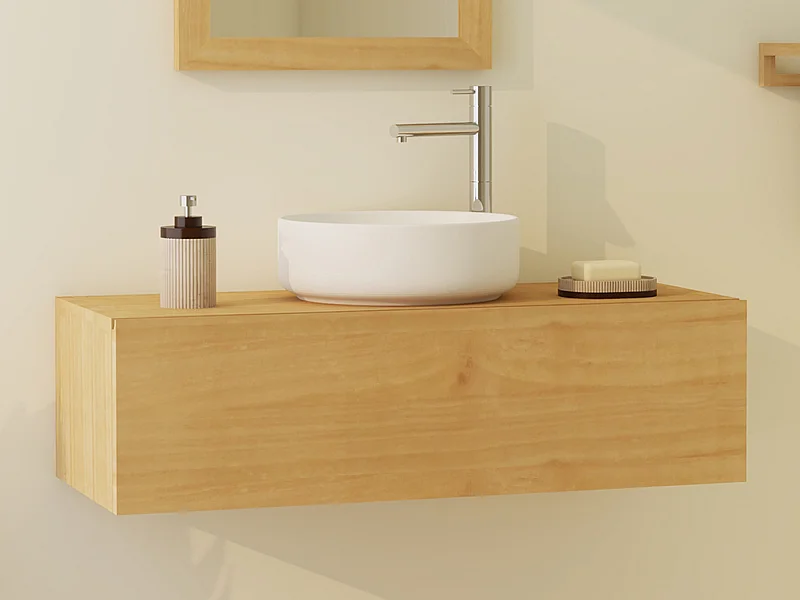 Hängender Waschbeckenunterschrank aus Mindi-Holz mit Aufsatzwaschbecken rund aus Keramik - 95 cm - TIDORE