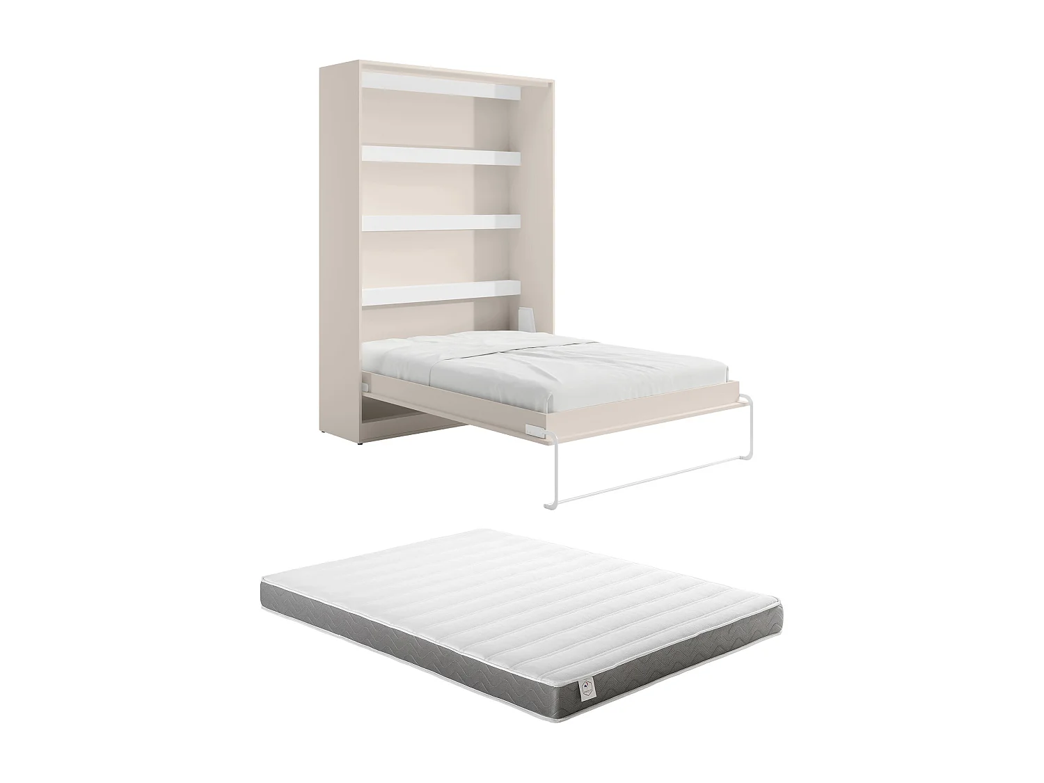 Lit escamotable 160 x 200 cm - Ouverture verticale manuelle - Avec LEDs - Beige + Matelas - RAPILI