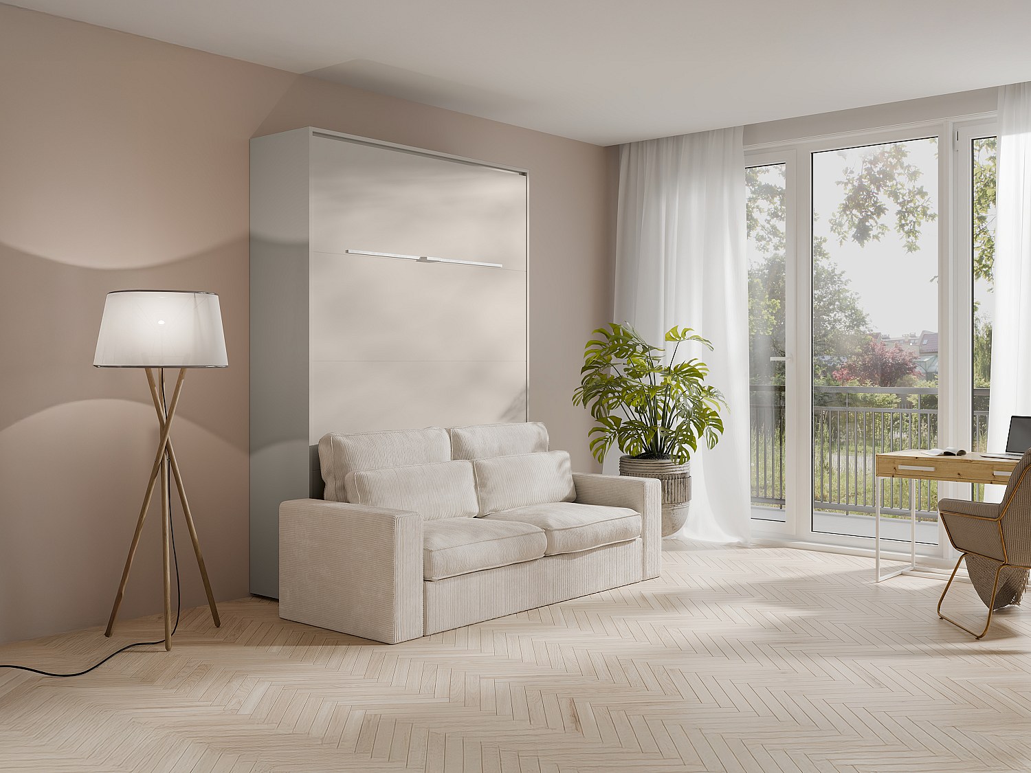 Skjult seng 160 x 200 cm - Manuell vertikal åpning - Med LED-lys - Beige + Sofa - RAPILI