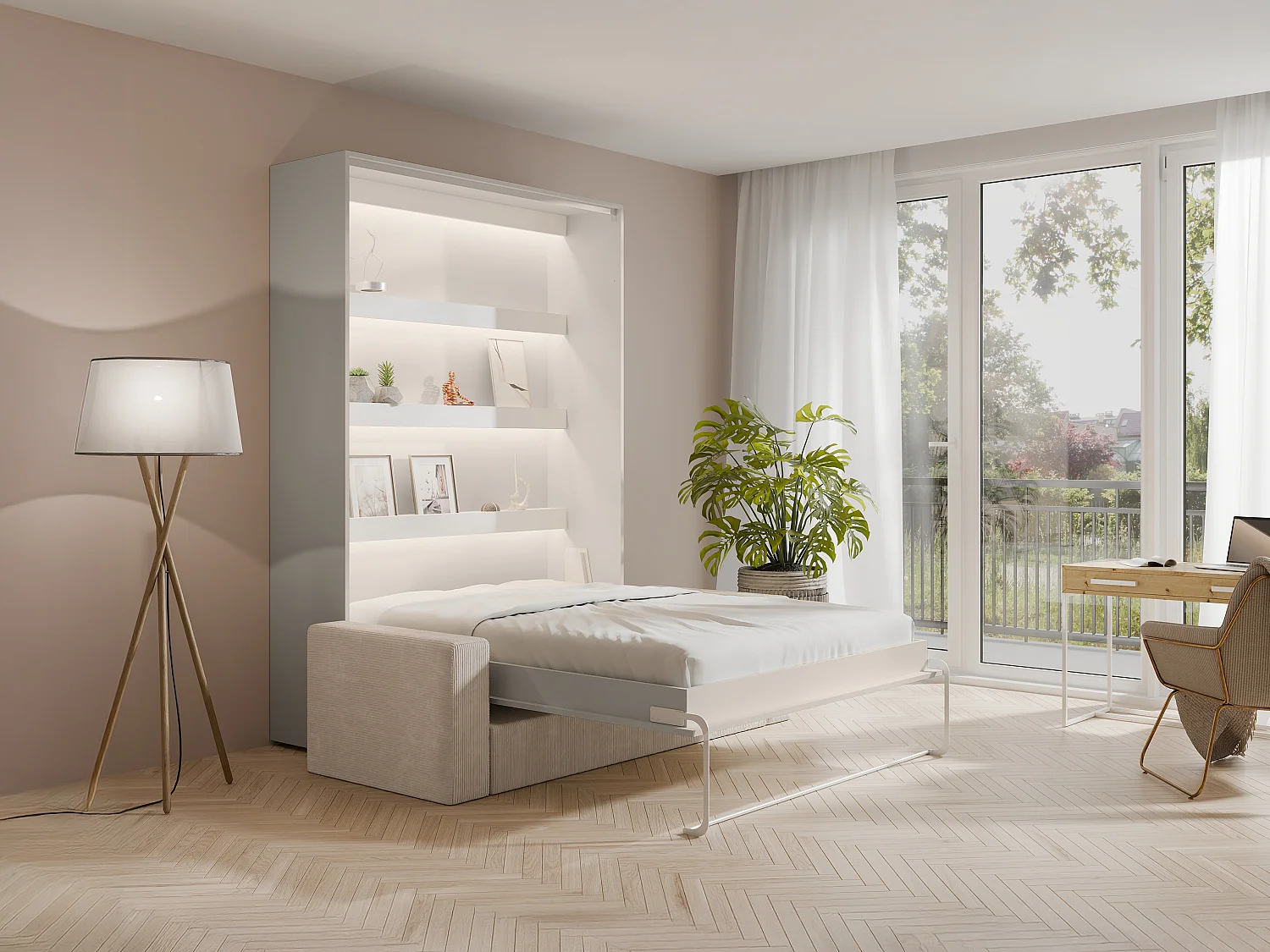 Lit escamotable 160 x 200 cm - Ouverture verticale manuelle - Avec LEDs - Beige + Canapé - RAPILI