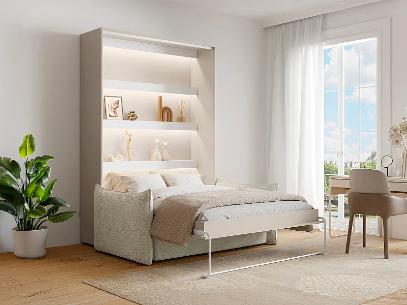 Lit escamotable 160 x 200 cm - Ouverture verticale manuelle - Avec LEDs - Beige + Canapé - RAPILI