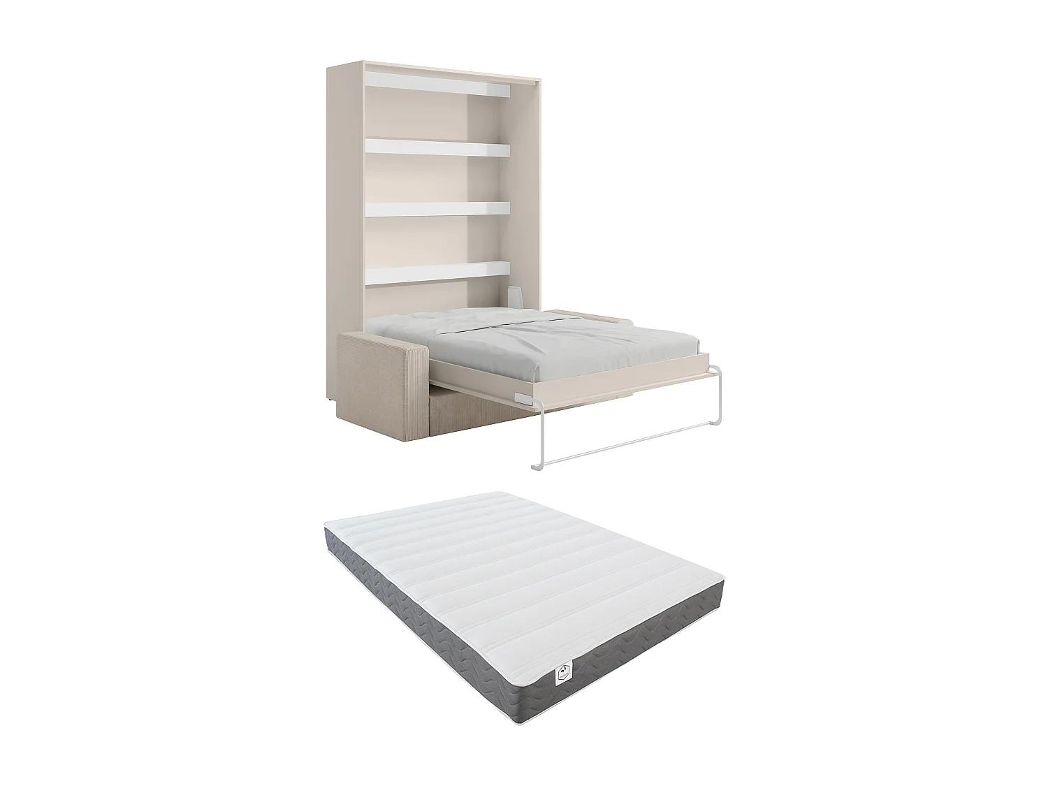 Lit escamotable 160 x 200 cm - Ouverture verticale manuelle - Avec LEDs - Beige + Matelas + Canapé - RAPILI