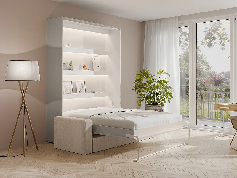 Lit escamotable 160 x 200 cm - Ouverture verticale manuelle - Avec LEDs - Beige + Matelas + Canapé - RAPILI