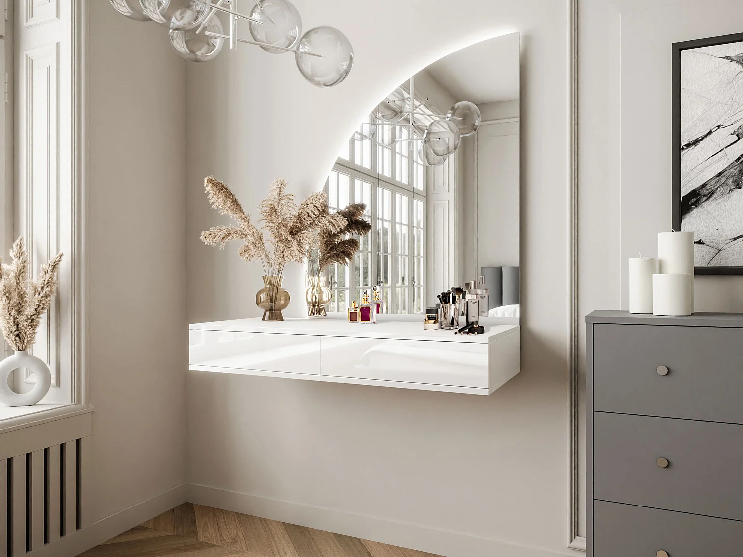 Coiffeuse suspendue avec miroir à LEDs - 2 tiroirs - Blanc brillant - JINEZA