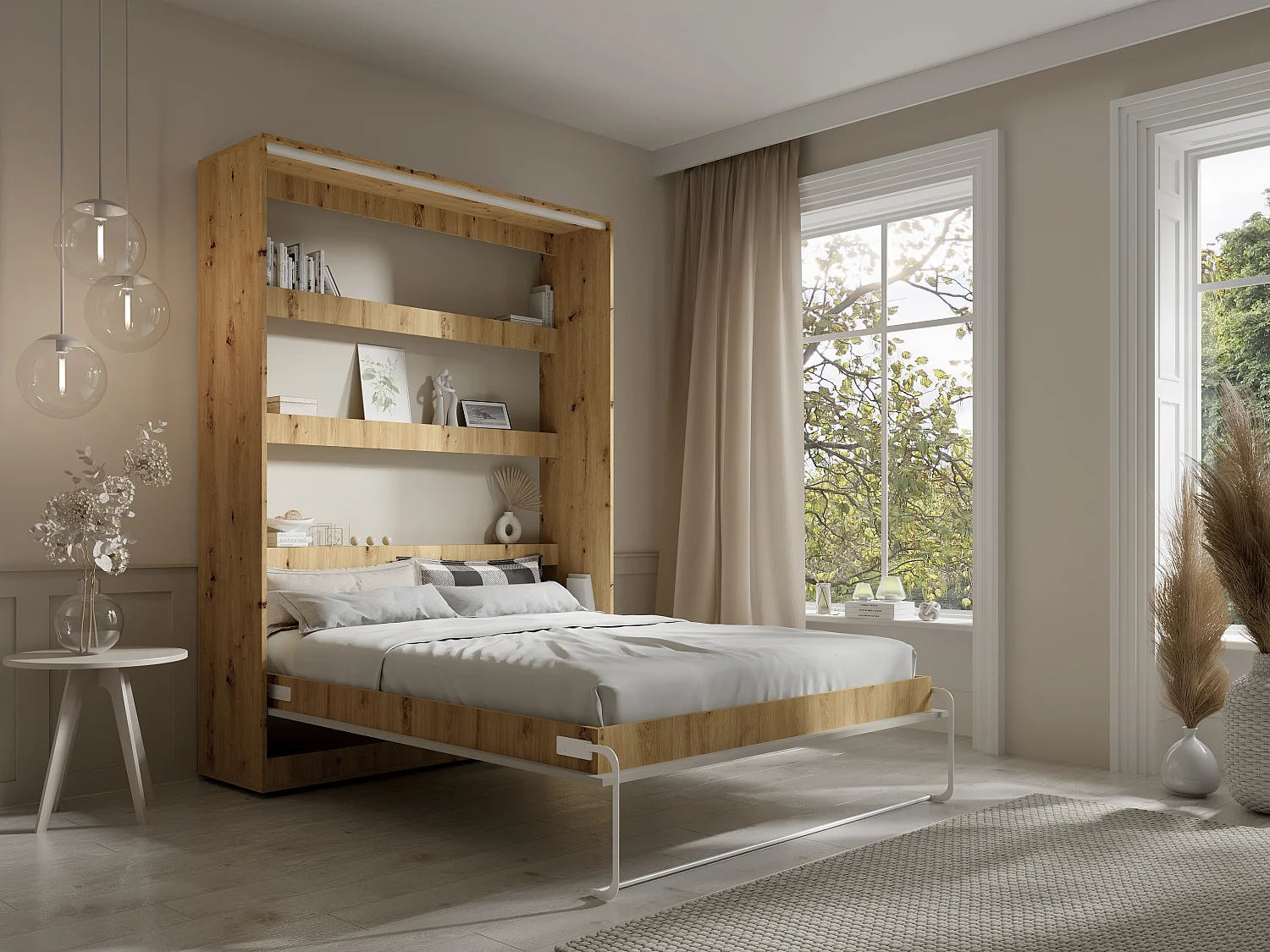 Lit escamotable 140 x 200 cm - Ouverture verticale manuelle - Avec LEDs – Beige et naturel - RAPILI