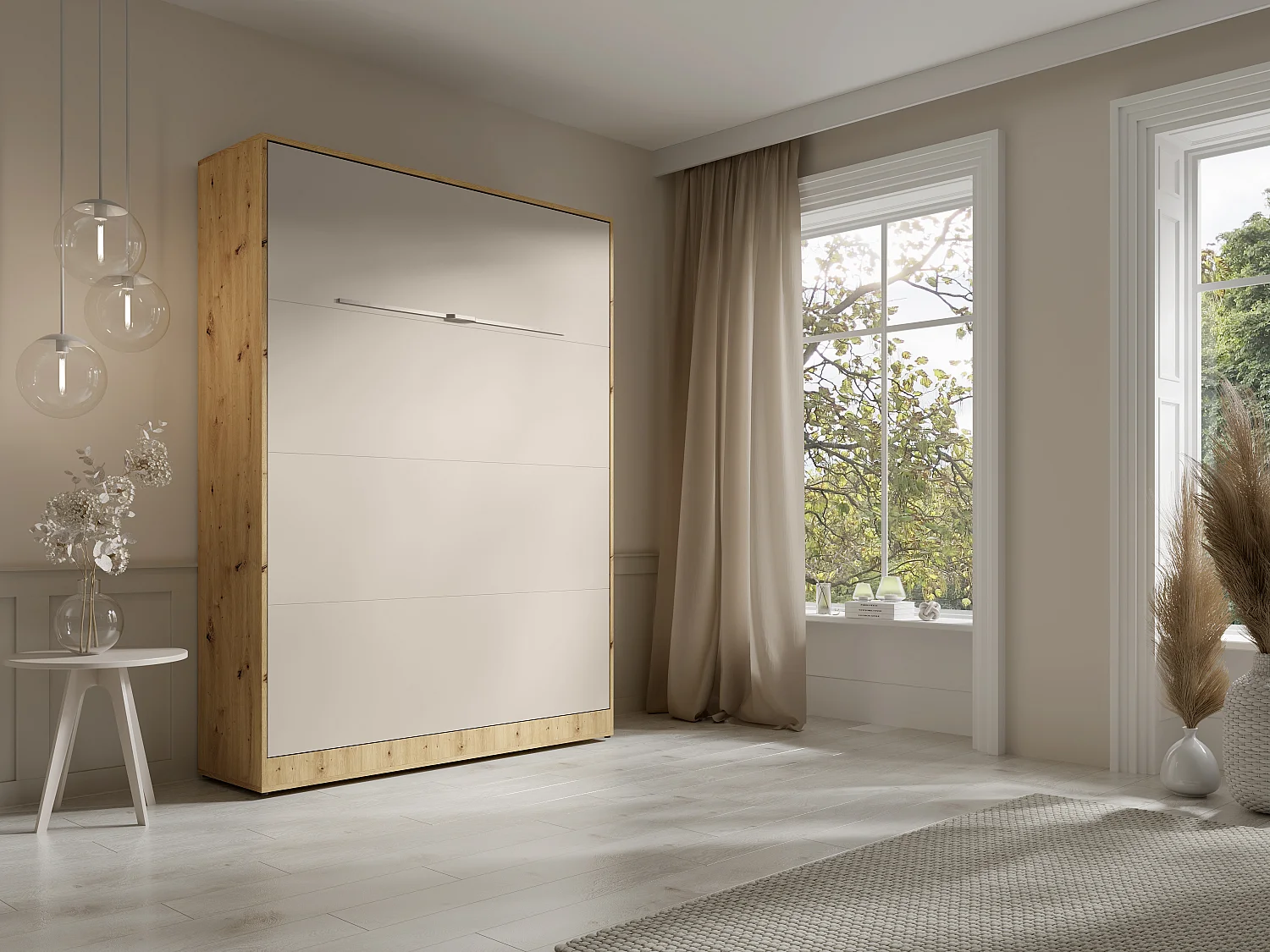 Lit escamotable 140 x 200 cm - Ouverture verticale manuelle - Avec LEDs – Beige et naturel - RAPILI
