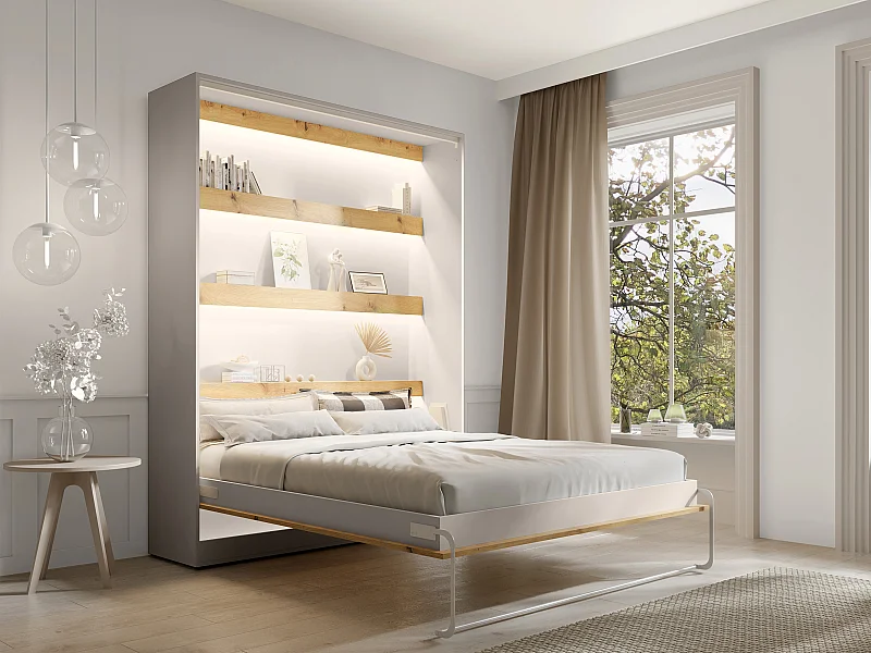 Lit escamotable 160 x 200 cm - Ouverture verticale manuelle - Avec LEDs – Beige et naturel - RAPILI