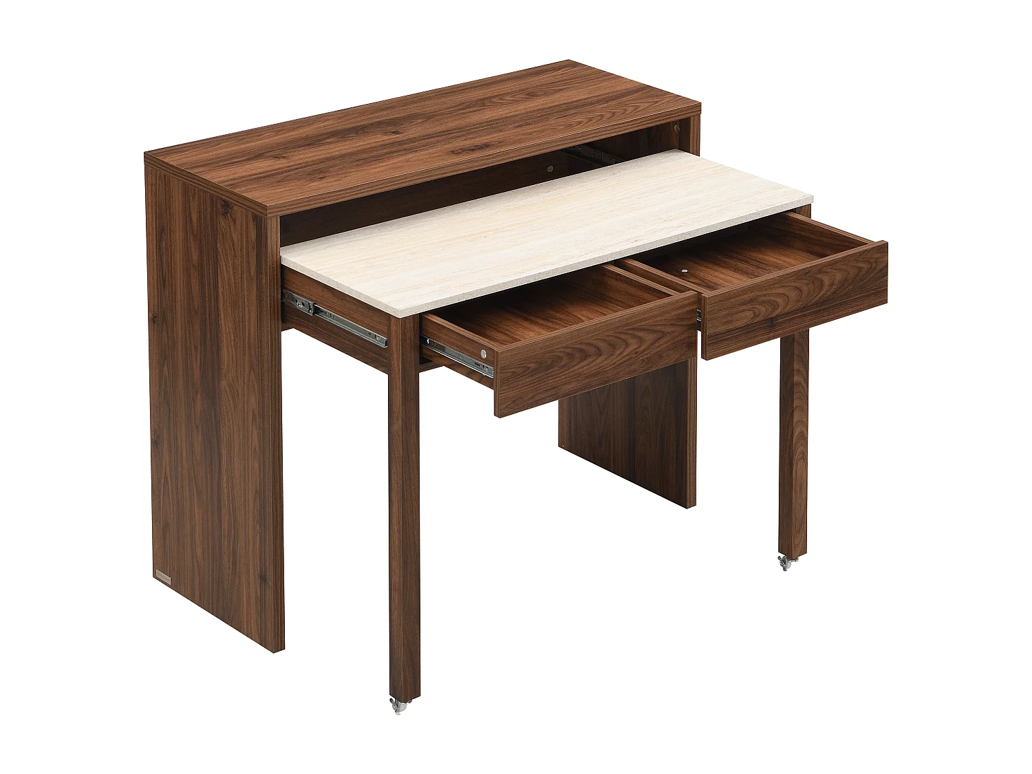 Bureau console extensible avec 2 tiroirs – Effet travertin et naturel foncé - LOAVIA