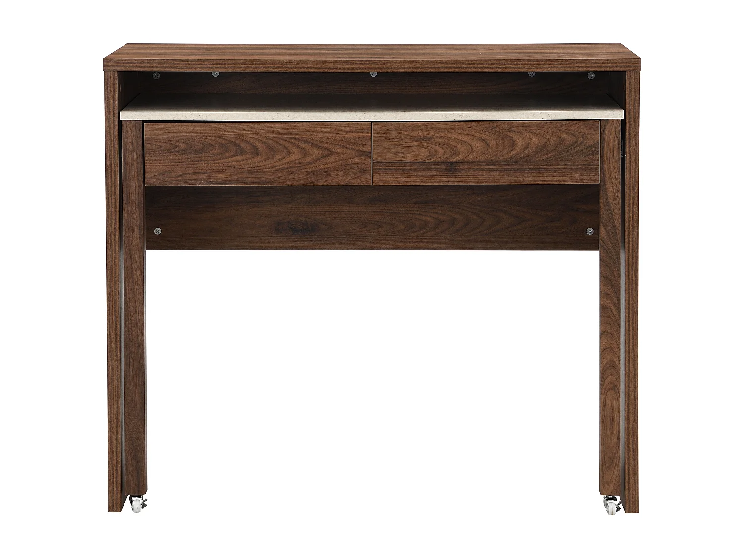 Bureau console extensible avec 2 tiroirs – Effet travertin et naturel foncé - LOAVIA