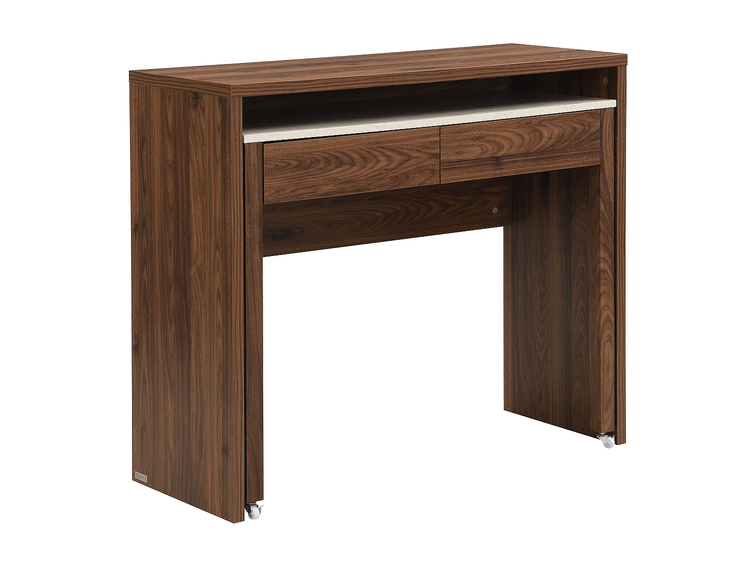 Bureau console extensible avec 2 tiroirs – Effet travertin et naturel foncé - LOAVIA