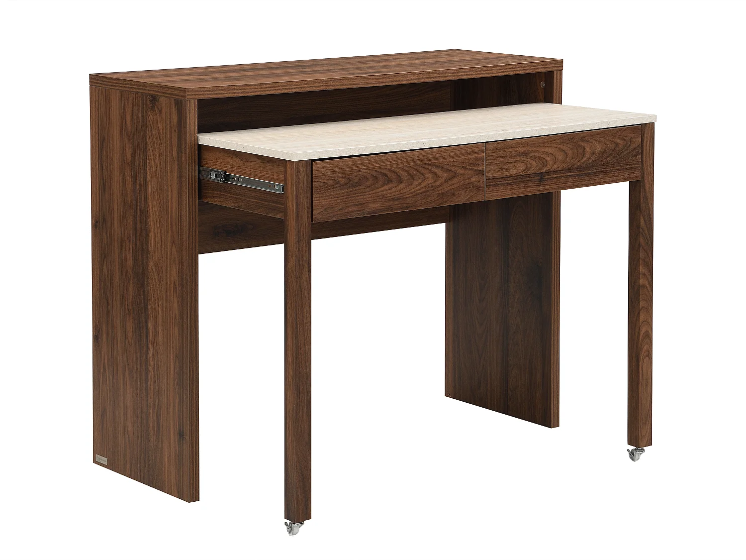 Bureau console extensible avec 2 tiroirs – Effet travertin et naturel foncé - LOAVIA