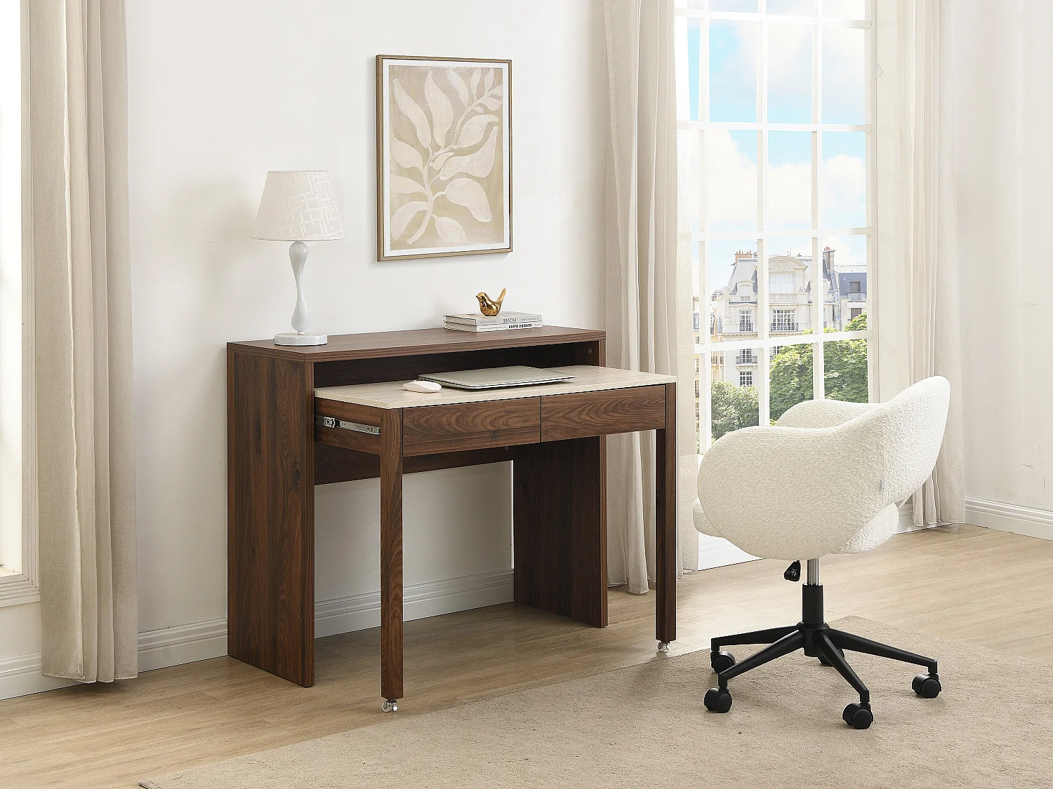 Bureau console extensible avec 2 tiroirs – Effet travertin et naturel foncé - LOAVIA