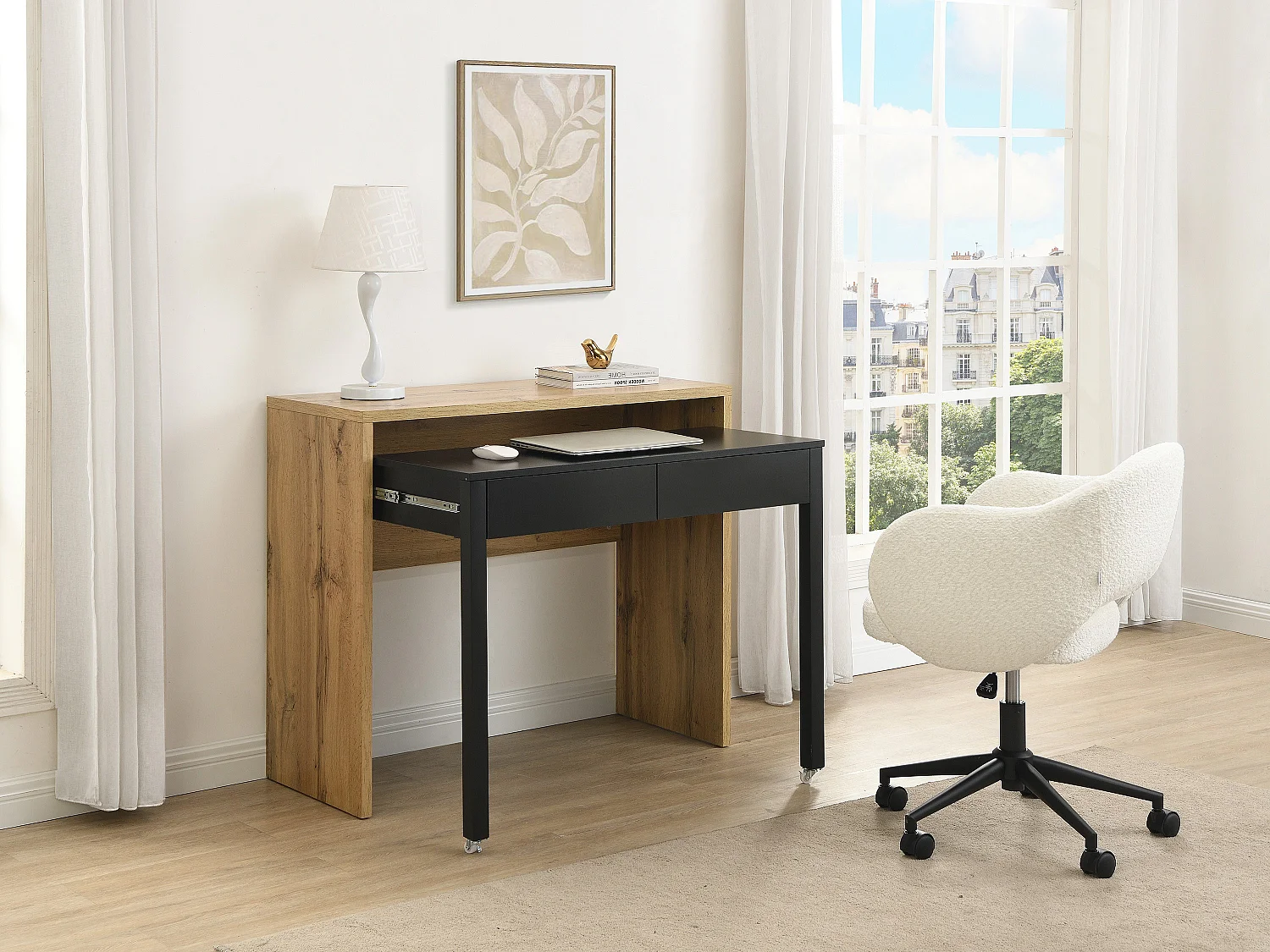Bureau console extensible avec 2 tiroirs – Coloris : Naturel et noir - LOAVIA