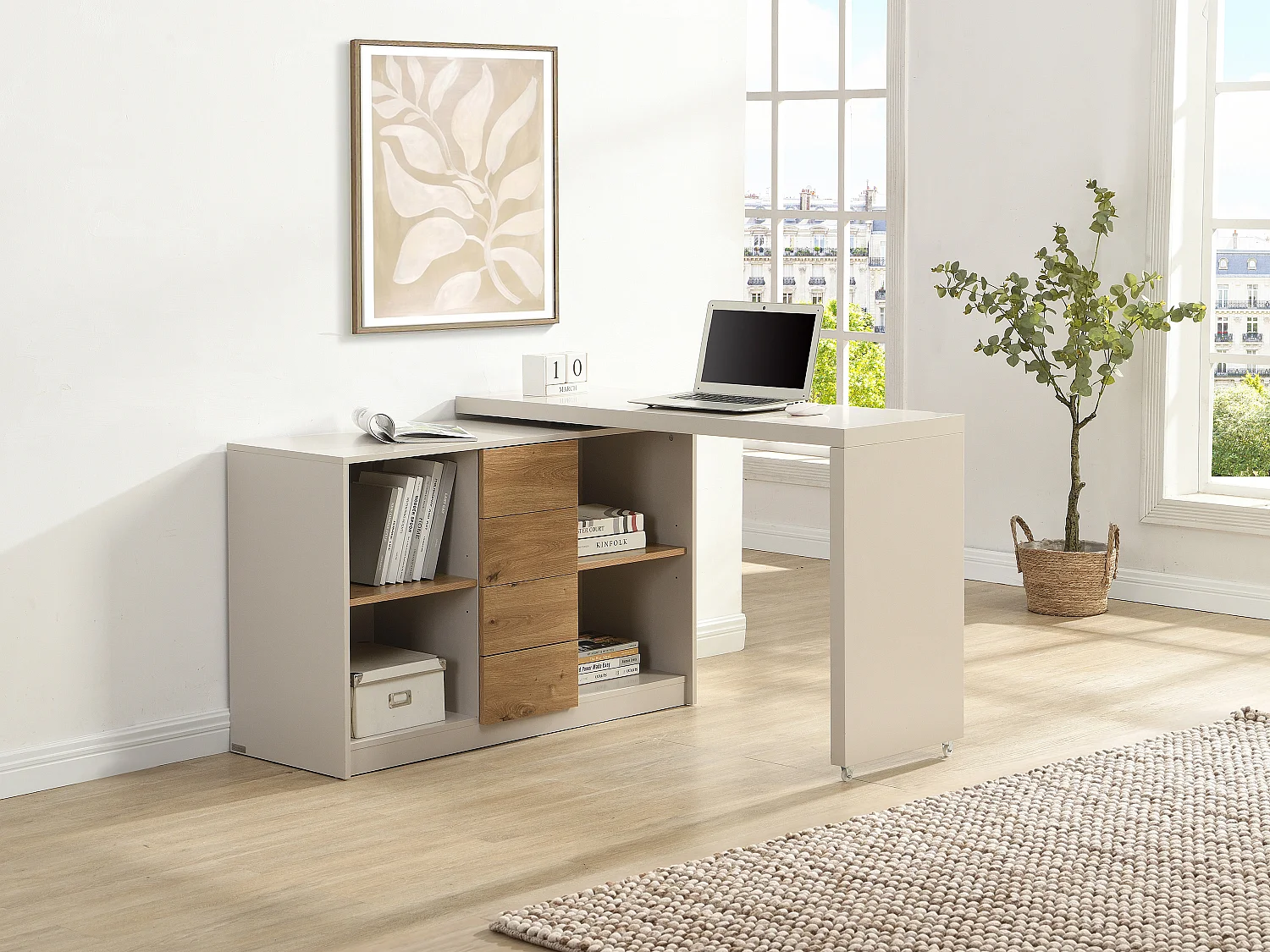Bureau extensible avec plateau pivotant 360° - MDF – Beige et naturel – PAVELO