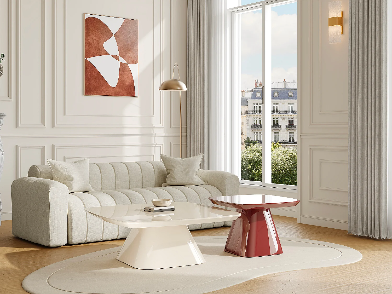 Lot de 2 tables basses en MDF - Crème et bordeaux  laqué - NATAZA