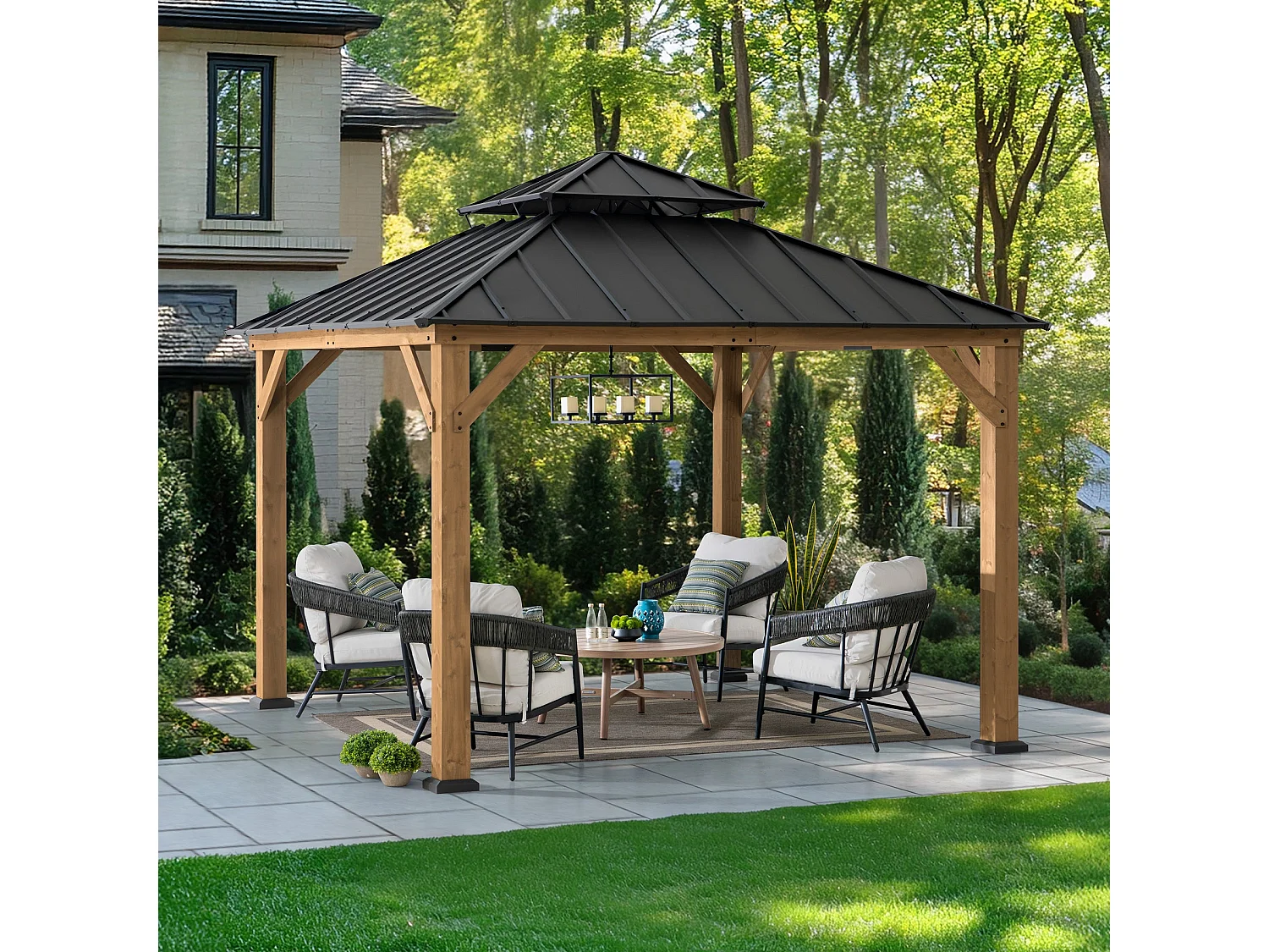 Pavillon Tonnelle d'extérieur en bois avec toit rigide en acier anthracite et crochet de plafond KAPS 330 cm x 330 cm