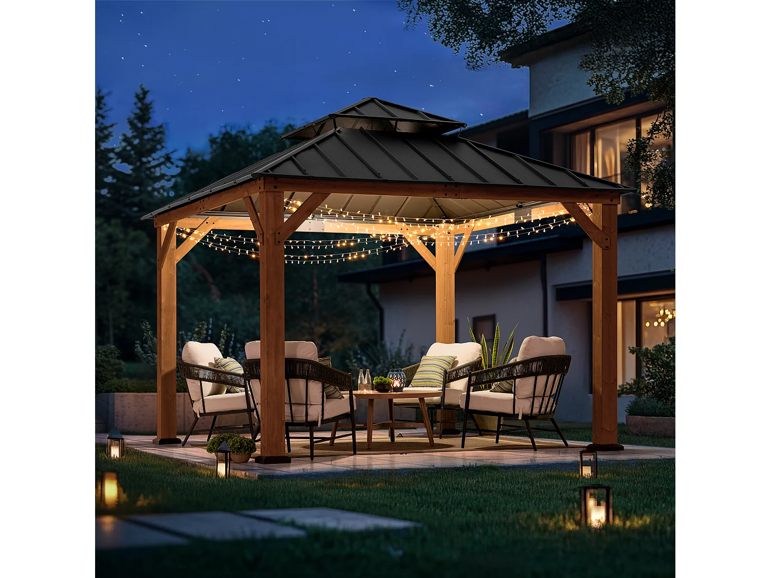 Pavillon Tonnelle d'extérieur en bois avec toit rigide en acier anthracite et crochet de plafond KAPS 330 cm x 330 cm