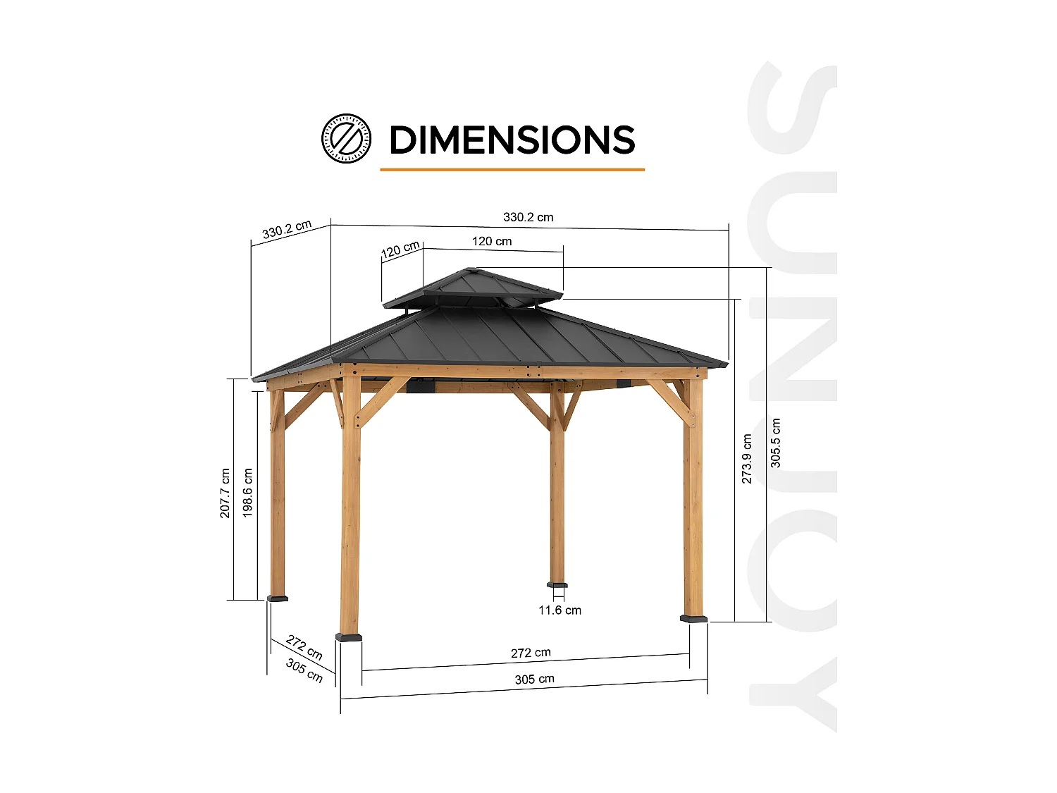 Pavillon Tonnelle d'extérieur en bois avec toit rigide en acier anthracite et crochet de plafond KAPS 330 cm x 330 cm