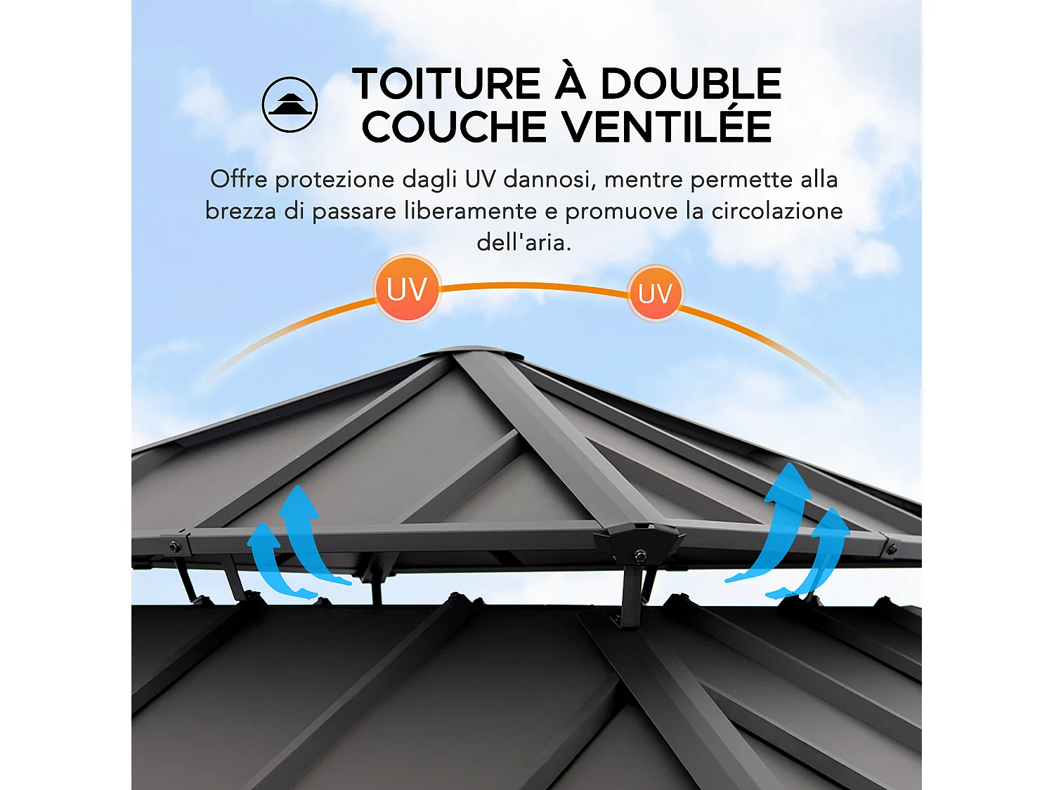 Pavillon Tonnelle d'extérieur en bois avec toit rigide en acier anthracite et crochet de plafond KAPS 330 cm x 330 cm