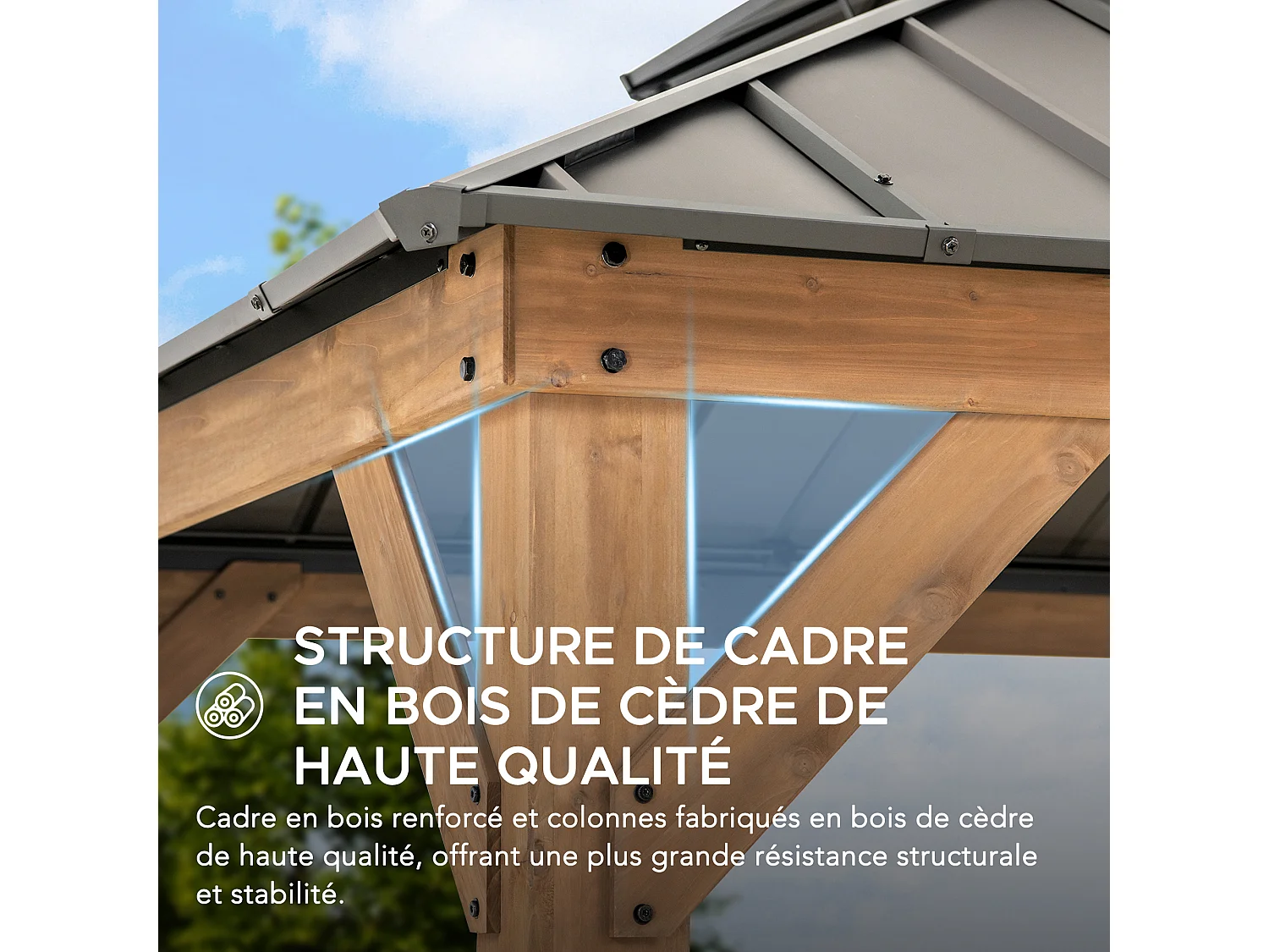 Pavillon Tonnelle d'extérieur en bois avec toit rigide en acier anthracite et crochet de plafond KAPS 330 cm x 330 cm