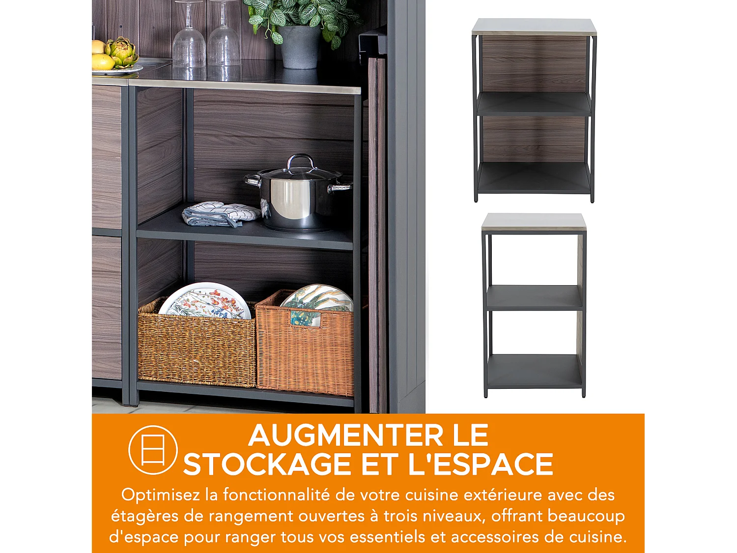 MAMBO Étagère de rangement ouverte à trois niveaux en acier inoxydable pour cuisine extérieure et intérieure