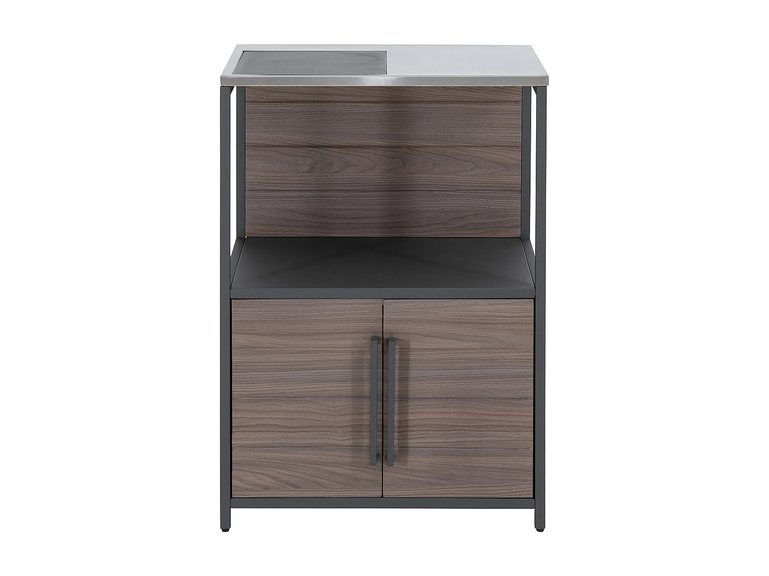 Station de préparation MAMBO avec comptoir en acier inoxydable, étagère de rangement ouverte et armoire