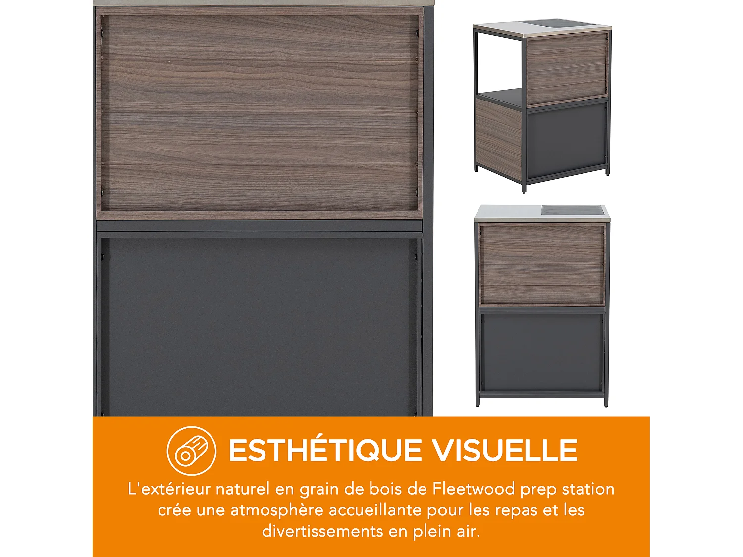 Station de préparation MAMBO avec comptoir en acier inoxydable, étagère de rangement ouverte et armoire