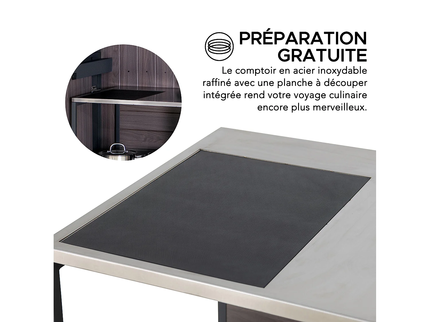 Station de préparation MAMBO avec comptoir en acier inoxydable, étagère de rangement ouverte et armoire