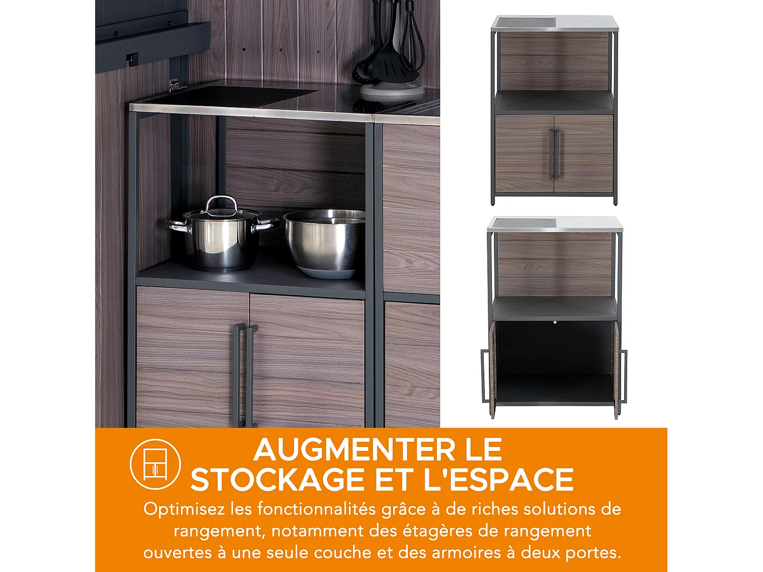 Station de préparation MAMBO avec comptoir en acier inoxydable, étagère de rangement ouverte et armoire