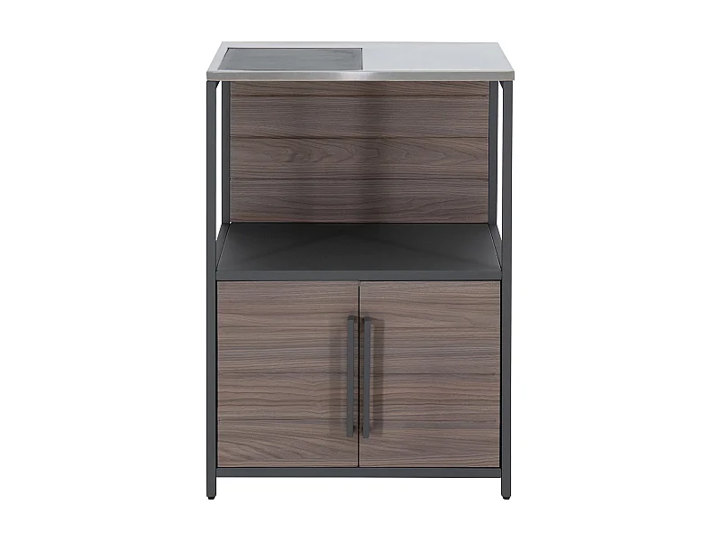 Station de préparation MAMBO avec comptoir en acier inoxydable, étagère de rangement ouverte et armoire