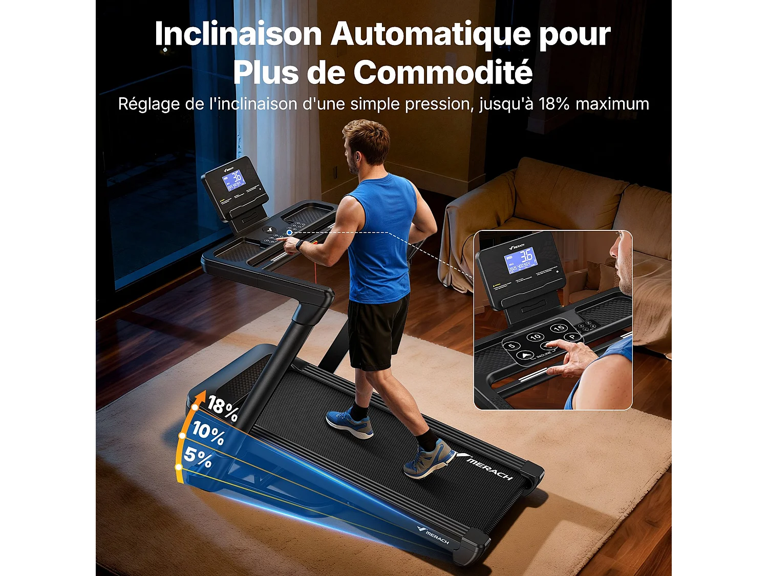 Tapis de Course MERACH, Bluetooth, LCD, Moteur Puissant, Inclinaison Automatique, Bande Silencieuse, 20 Programmes, Compatible Avec une Application